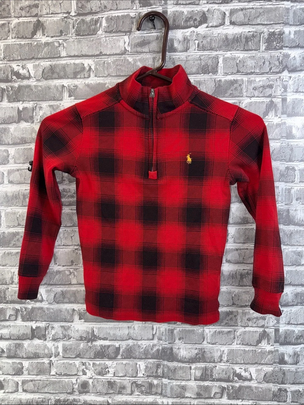 Ralph Lauren Red and Black Plaid Zip-Neck Sweater